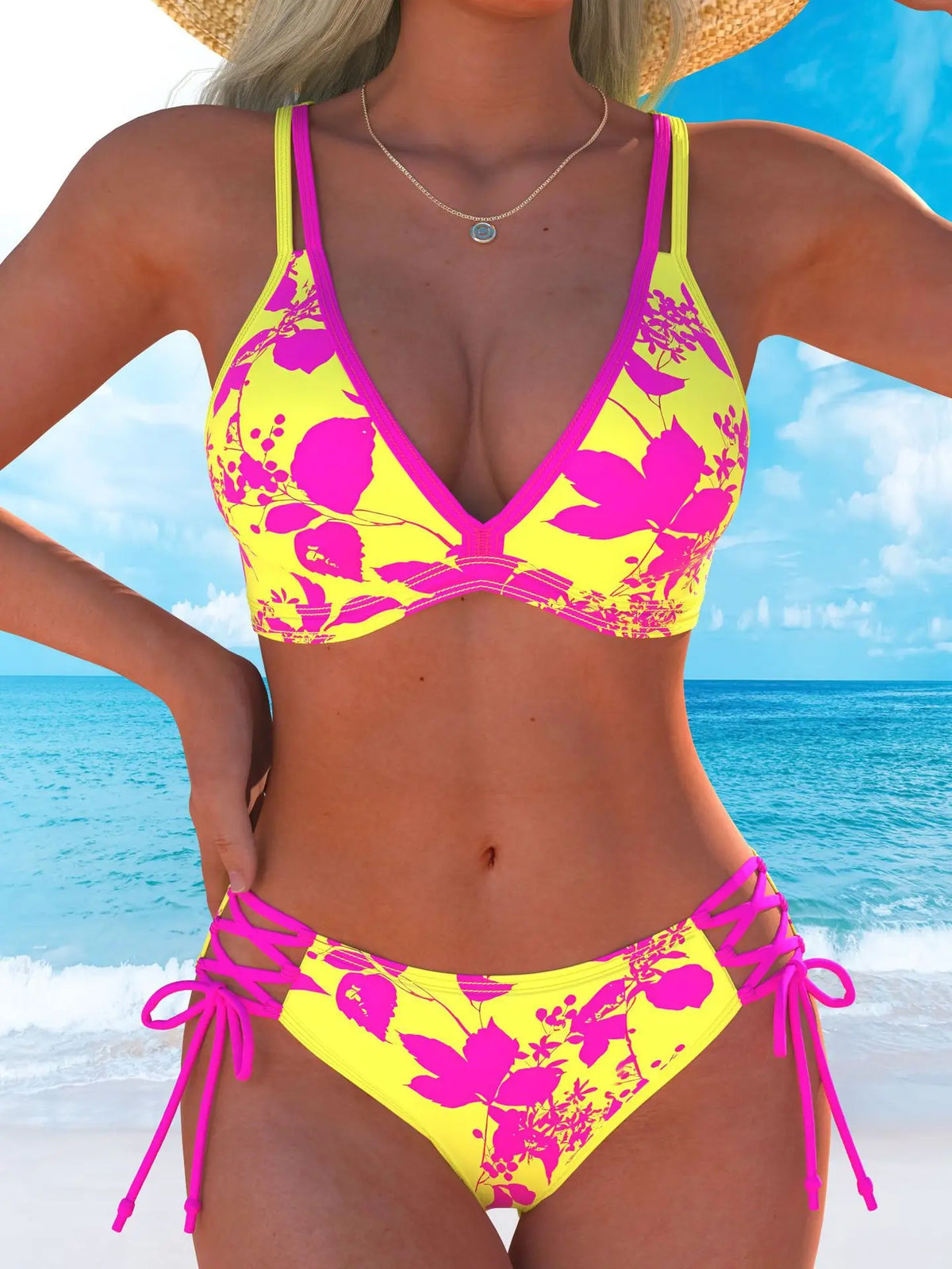 Sexy Neon Yellow Gradient Bikinis Sets Bathing Suits Swimwear Women 2026 V Neck Push Up Drawstring Side High Waist Swimsuit