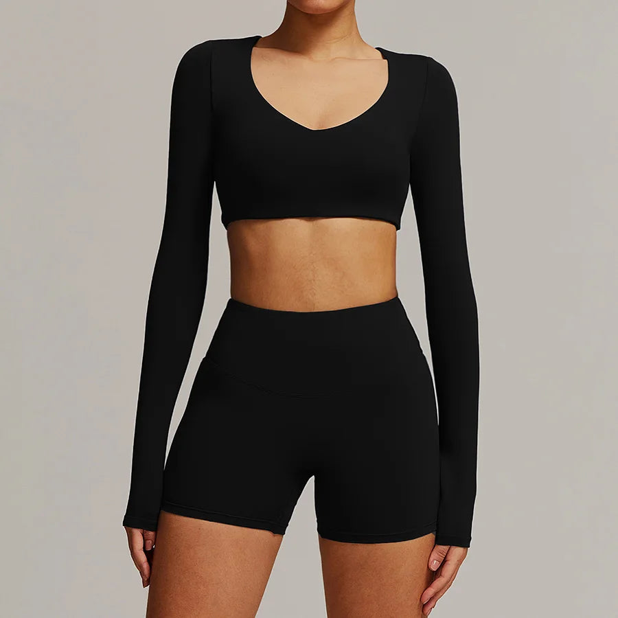 Women 2PCS Yoga Suit Sports Gym Set Tracksuit Workout Long Sleeve Shirt Fitness Flared leggings Short sleeve shorts running suit