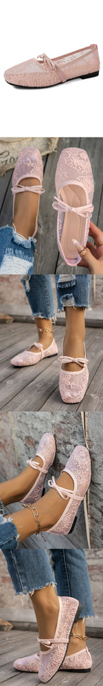 BigSize 43 Breathable White Lace Mary Jane Flats Women Comfy Walk Square Toe Casual Office Lady Ballet Flats Shoes Daily Wear