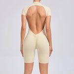 Padded Backless Yoga Cycling jumpsuitWomen Zipper GYM Sportswear Fitness One Piece Sports Suit V Back Workout Playsuit