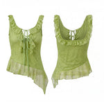 Women Flounce Vest Lace Jacquard Square Neck Tie-up Tank Tops Backless Sleeveless Slim Fit Retro Blouses for Party Club
