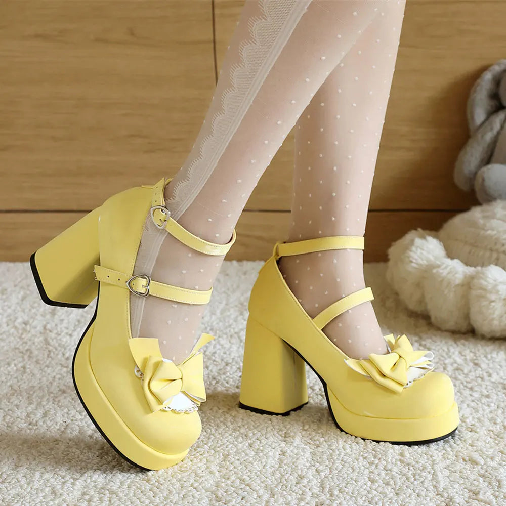 Plus Size 48 Women's Sweet Lolita Mary Jane Heels Pumps Heart Buckle Cross Ankle Strap Bow Platform 5.5cm Block Heel Goth Shoes
