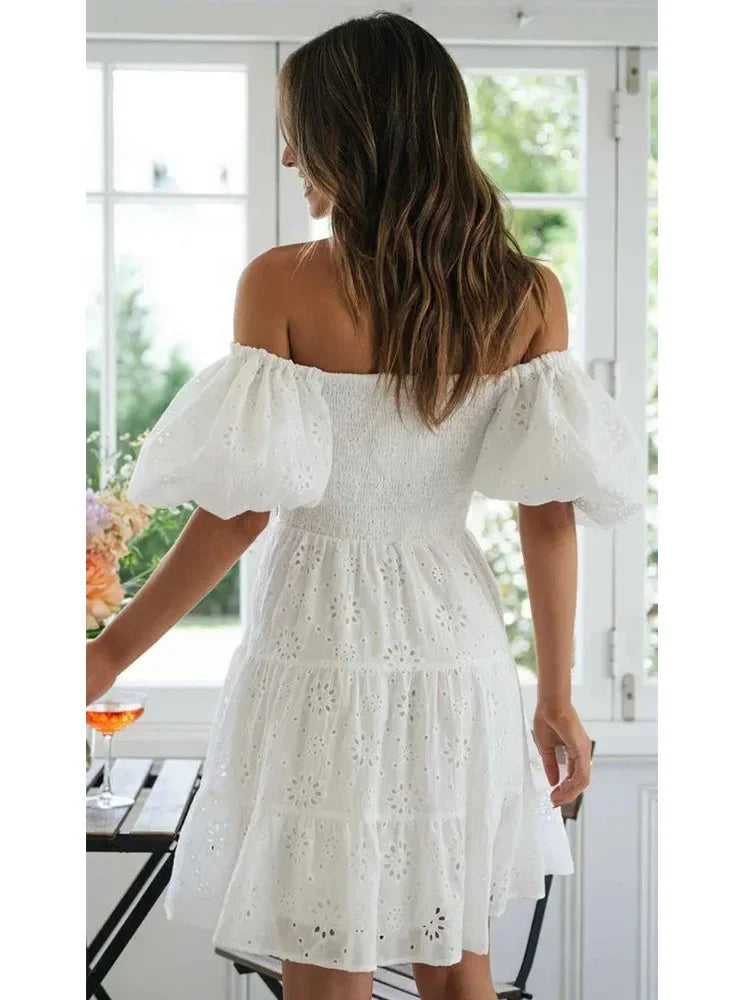 Puff Sleeve Cotton White Lace Dress Women Summer 2025 Square Collar Vintage Beach Short Dress Petite Flower EmbrioderyDress