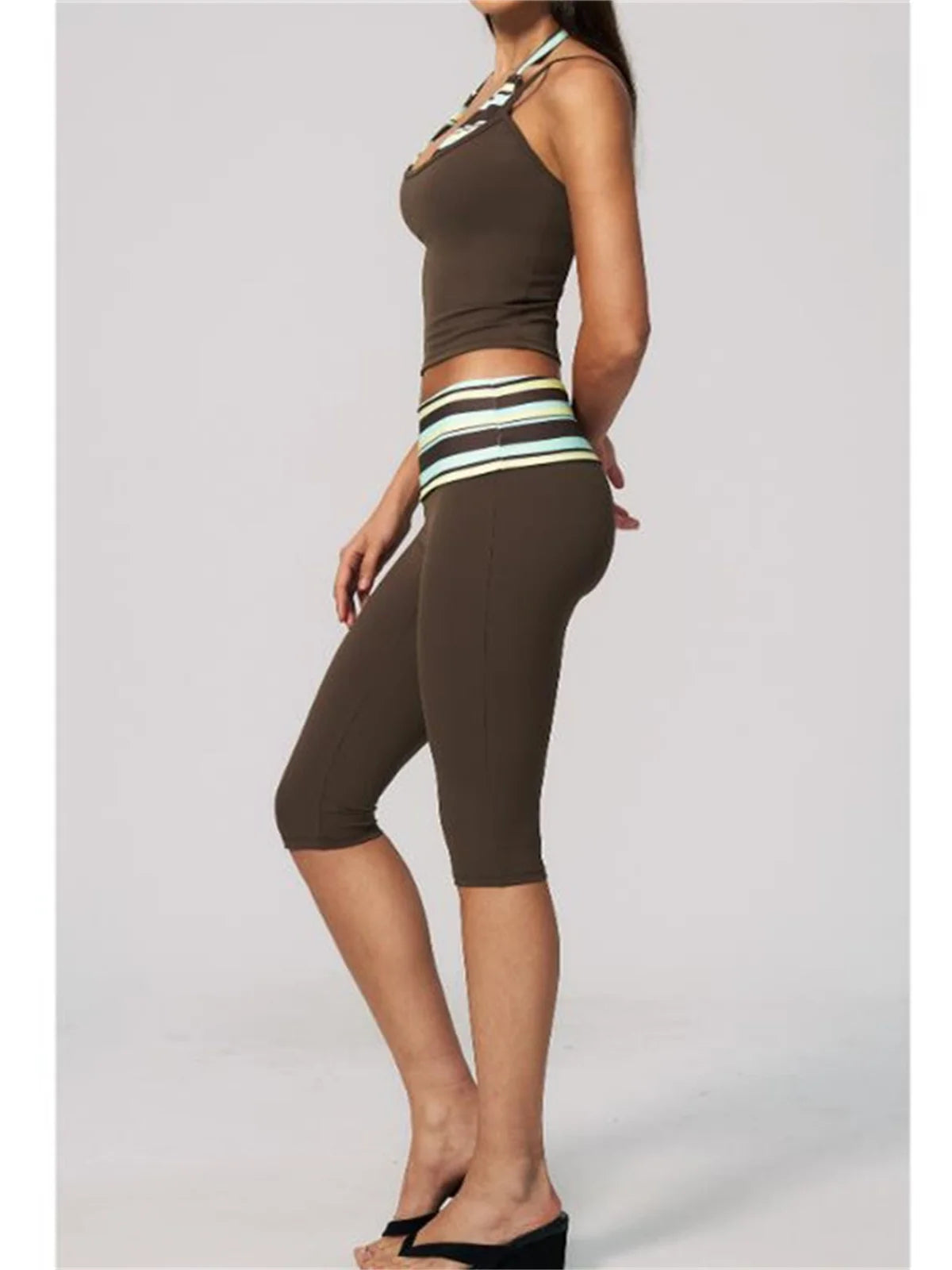 New Fake Two-piece Yoga Sets Women Striped Shock-absorbing Slim Sports Tank Top Fitness Suit Gym High Waist Mid Pants Tracksuit