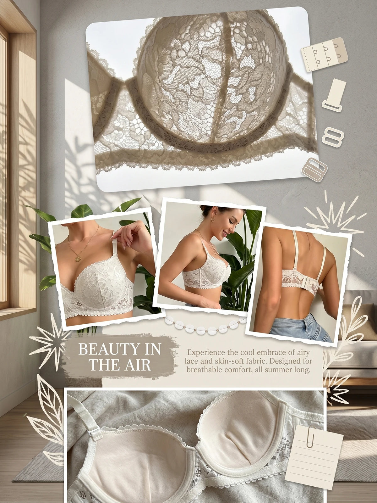Women White Lace Bra Delicate Lace Back Adjustable Straps Padded Bralette Comfortable Everyday Backless Dress Lingerie B6127