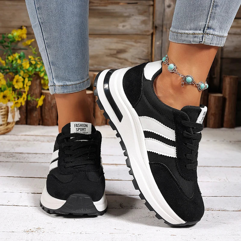 Fashion Stripe Thick Bottom Sneakers Women 2026 Autumn Platform Lace Up Sport Shoes Woman Anti Slip Thick Sole Running Shoes