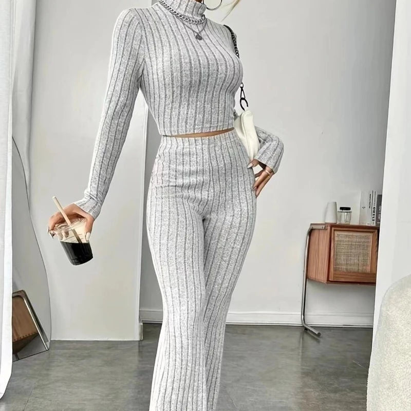 Stand Collar Navel T-shirt and Trumpet pants