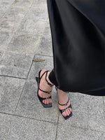 New Sexy Black Thin Buckle Straps Wedges Sandals Women Elegant Denim Blue Unique Curved Wedge High Heel Summer Party Heels Shoes