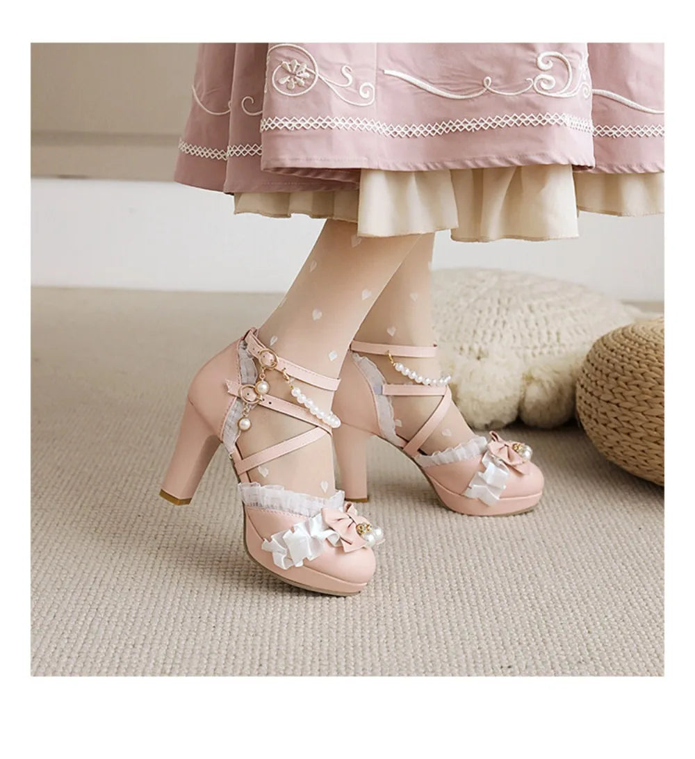 9cm Cross Strap Women High Heels Mary Jane Shoes Party Wedding Pearls White Lace Ruffles Bow Princess Lolita Pumps Sandals 33-46