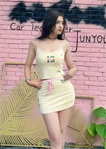 Hot Girl Two-piece Suit Printed Slimming Suspender Low Waist Drawstring Short Skirt Suit