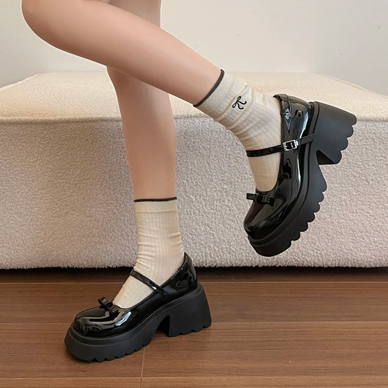 Japanese Style Bow Chunky Platform Pumps Women Ankle Buckle Thick Heels Mary Jane Shoes Woman Preppy High Heel Pu Leather Shoes