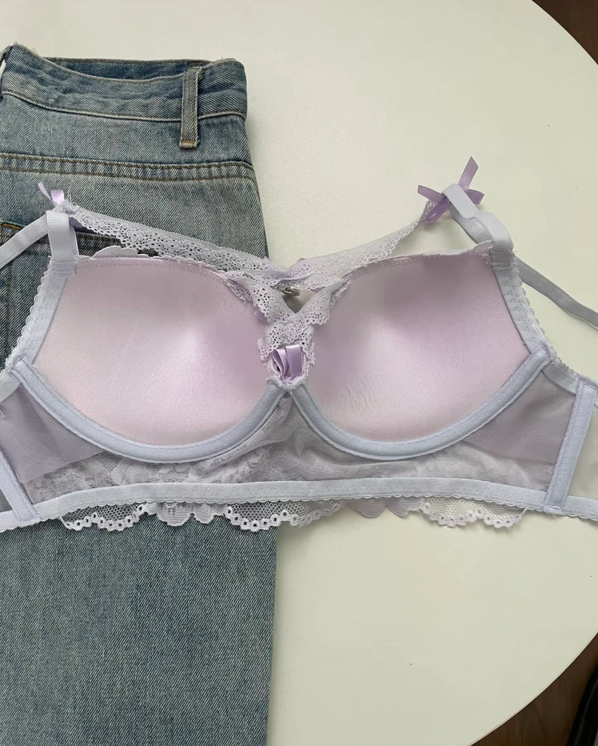 MOYISU Kawaii Heart Bra Set, Purple Lace Lingerie Sexy Pure Design, Push Up Bralette Sml Boobs Fashion Outerwear Statement Piece