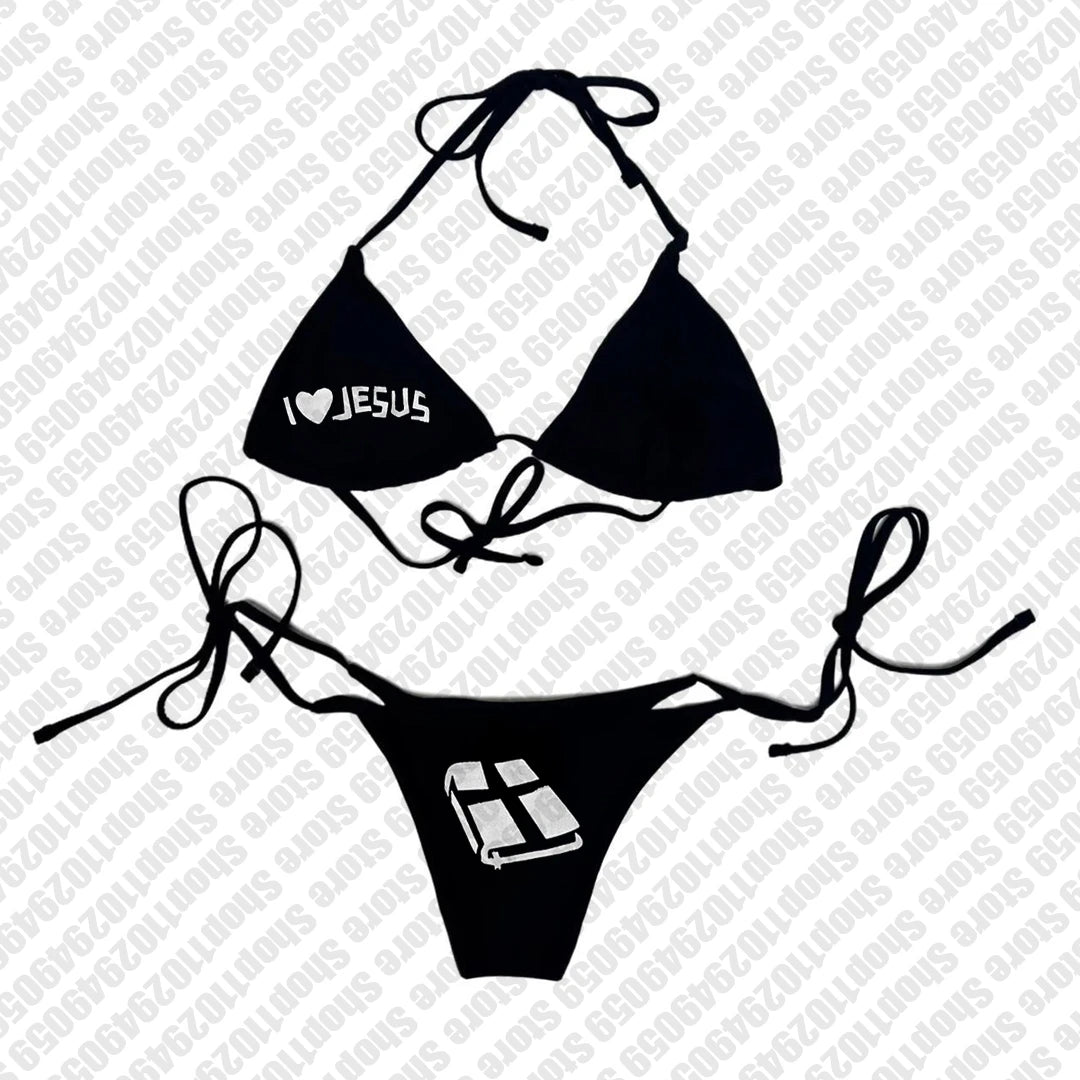 Punk Gothic Fashion Women Swimwear 2000s Emo Girls Y2k Style Letter Print Bikini Set Sexy Thong Swimsuit Two Pieces Bathing Suit