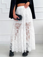 Women See-Through Lace A-Line Skirts Casual Summer Solid Color Elastic Waist Long Skirt for Beach Vacation Club