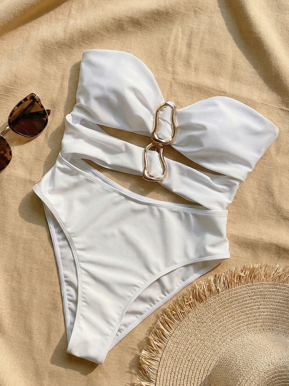 6 Colors Sexy Metal Rings Cut Out Women Swimwear One Piece Swimsuit Female Bandeau High Leg Cut Bather Bathing Suit Swim B027D