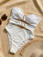 6 Colors Sexy Metal Rings Cut Out Women Swimwear One Piece Swimsuit Female Bandeau High Leg Cut Bather Bathing Suit Swim B027D