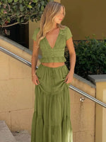 FDYOUI Sexy V-neck Lace Patchwork T-shirt Tops+Long Skirt 2 Piece Set Women's Summer Green Holiday Party Dress Suit Streetwear