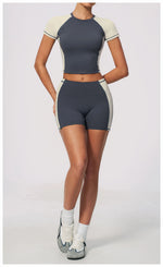 Summer New Yoga Sets Women Breathable Contrasting Color Short Sleeve Slim Sports T Shirts Training Running Shorts Fitness Suit