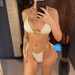 Sexy Halter Metal Rings High Leg Cut Bikini Female Swimsuit Women Swimwear Two-Pieces Bikini Set Bather Bathing Suit Swim V6564