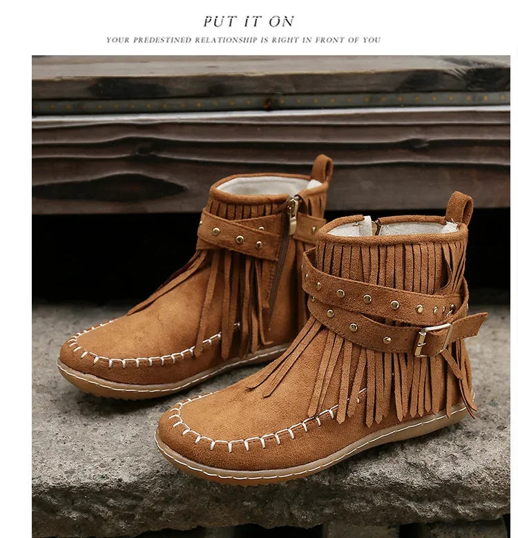 Vintage Women Boots Suede Ankle Boots Fringe Women Shoes Winter Boots Women Side Zipper Casual Shoes Ladies Snow Boot