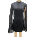 Women's Cape Sleeve Dress Mock Neck Bodycon Mini Dress Sexy Shiny Chiffon Cloak Sleeve Cocktail Dress for Wedding Evening Party