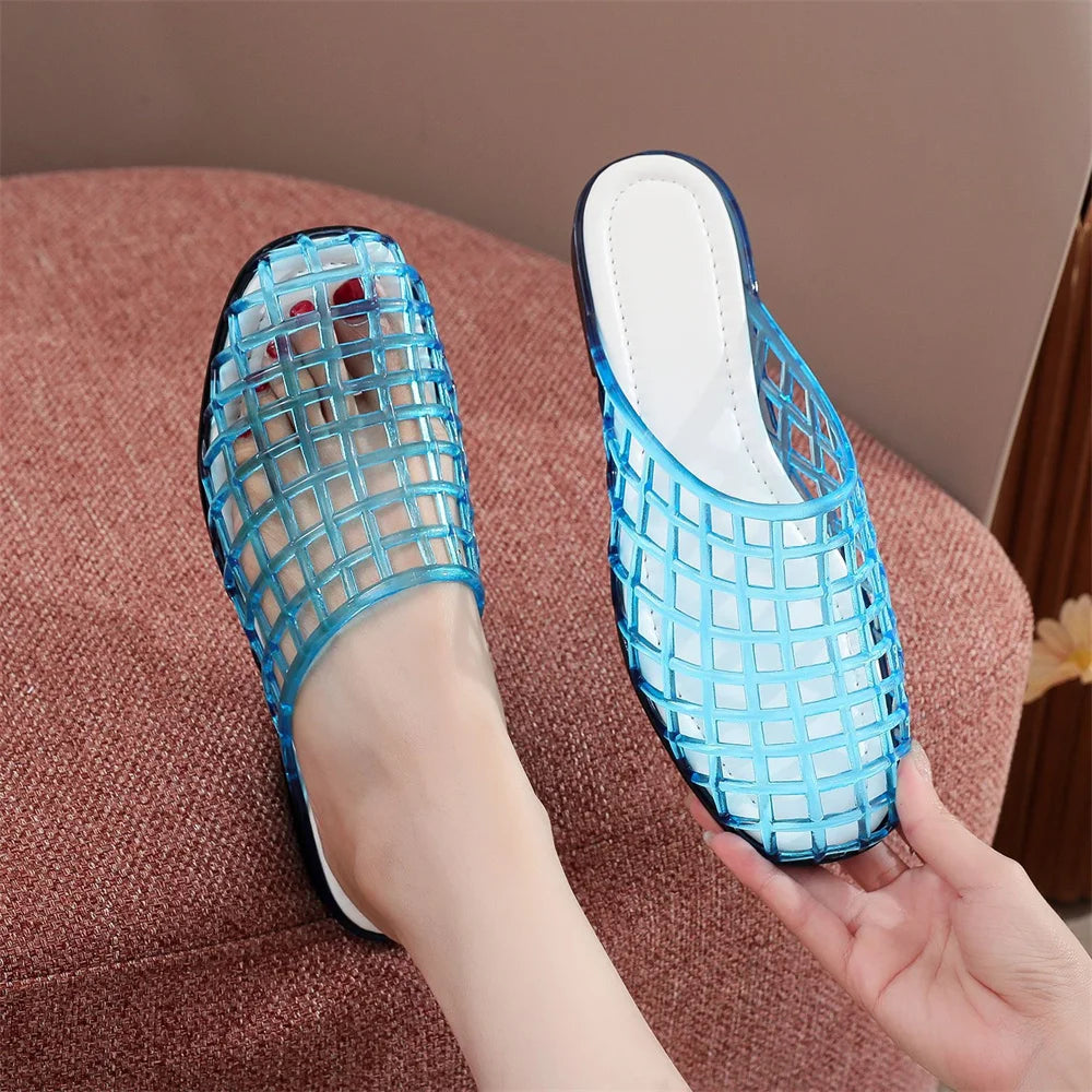 EUR Size Transparent PVC Jelly Slide Mules Women Hollow Breathable Cutout Closed Toe Slip On Flat Sandals Indoor Outdoor Slipper