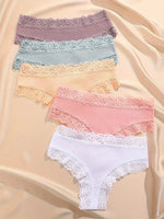 5Pcs Women Cotton Brazilian Pants Sexy Lace Brazilian Briefs Low Waist Floral Solid Color G-string Breathable Soft Lingerie