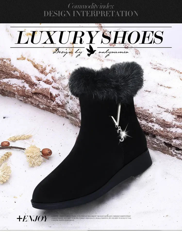 Plush Womens Boots Comfortable Hick-soled Fur Shoes Fashion Ladies Shoes Zipper Women Vulcanized Shoes Anti-slip Chaussure Femme