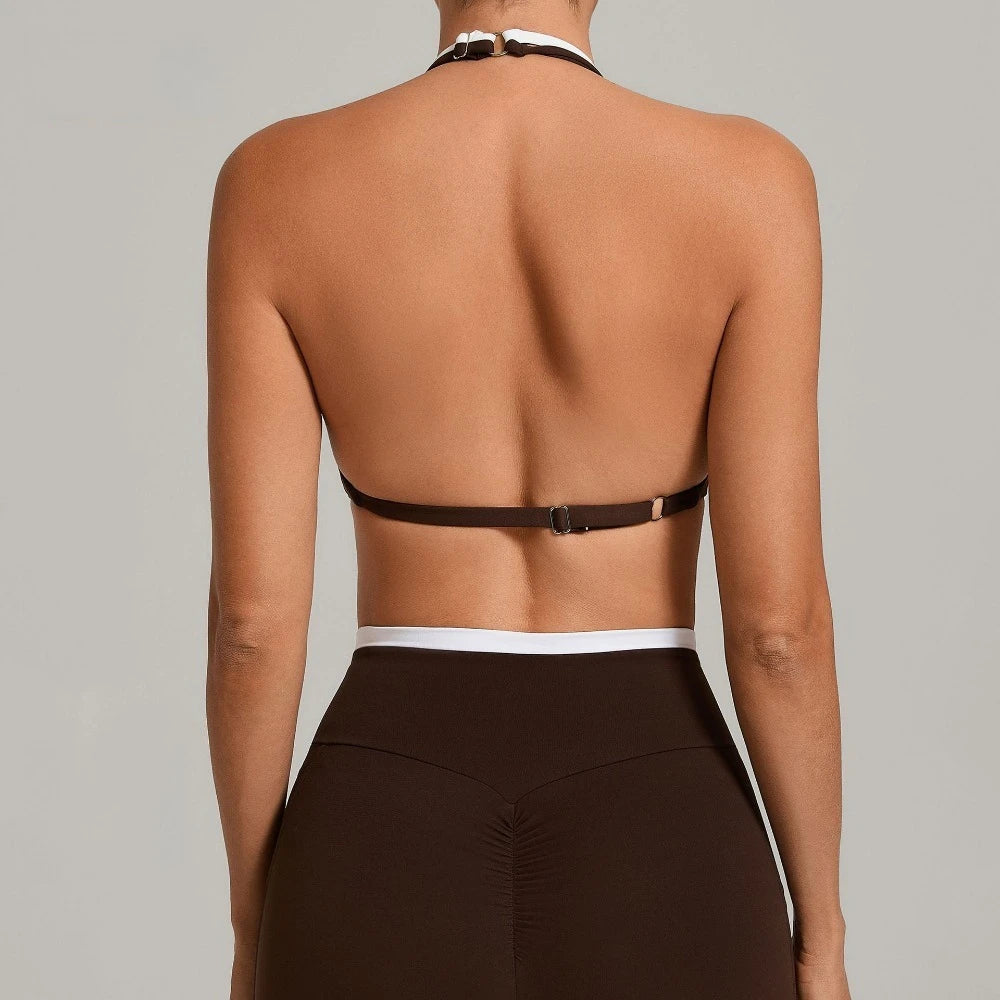 Women's Gym Workout Two-color Yoga Sports Bras Halter Neck Open Back Design Sports Tank Top Running Fitness Built-in Bra Cups