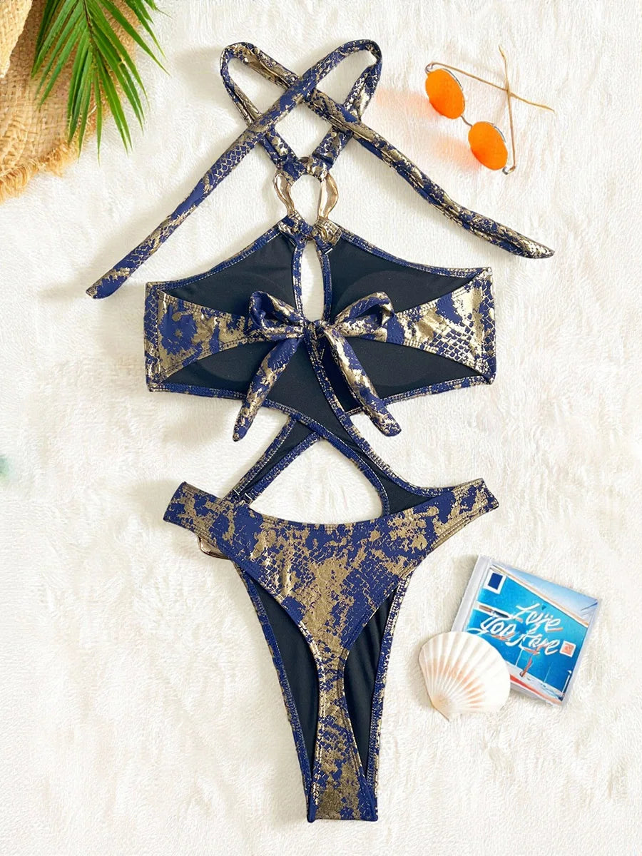 Sexy Tummy Cut Out Halter Women Thong Swimwear One Piece Swimsuit Female High Cut Monokini Rings Bathing Suit Swim Beach Wear