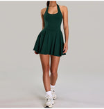 Summer Sleeveless Halter Slim Tennis Dress Women Sexy 2-in-1 Hollow Backless Golf Sports Dresses Outdoor Running Fitness Skirt