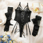 Sexy One Piece Bodysuit Lace Hollow Out Jumpsuit Women Erotic Lingerie Men's Beach Shorts