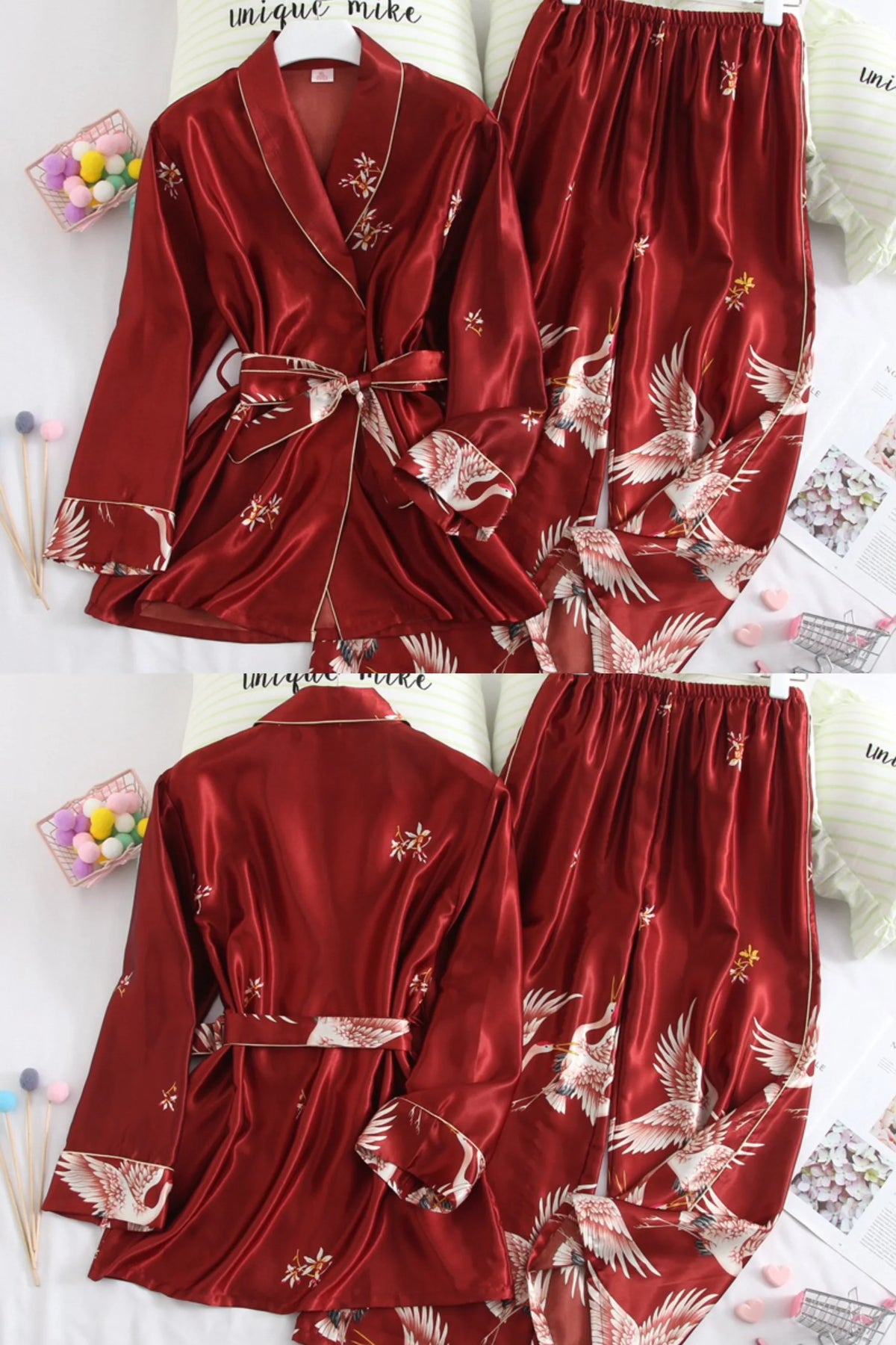Crane Print Silk Satin Female Pajamas Retro Long Sleeve Robe with Trouser Sleepwear Comfortable Wedding Nightwear for Home