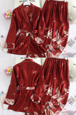 Crane Print Silk Satin Female Pajamas Retro Long Sleeve Robe with Trouser Sleepwear Comfortable Wedding Nightwear for Home