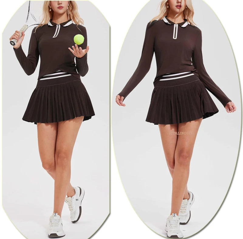 VITALINOVO Tennis Skirt Sets for Women Zipper Color Block Shirts High Waisted Golf Polo Two Piece Skirt Set Women 2 Piece Outfit
