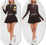 VITALINOVO Tennis Skirt Sets for Women Zipper Color Block Shirts High Waisted Golf Polo Two Piece Skirt Set Women 2 Piece Outfit