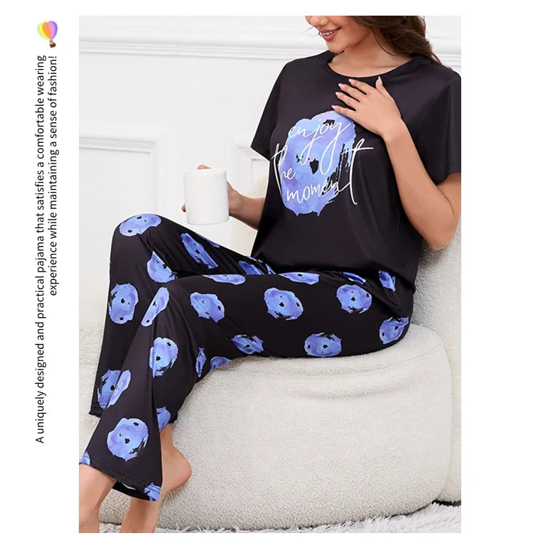3-Piece Heart Print Pajama Women Sleepwear Home Clothes Short Sleeve Top with Shorts & Long Pants Pajamas Loungewear Short Suit
