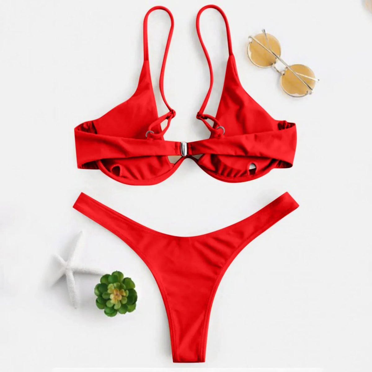 Sexy Underwire Bikini 2024 Mujer Women Solid Red Push Up Bra Thong Swimsuit Halter V Neck Bathing Suit Mini Micro Thong Swimwear