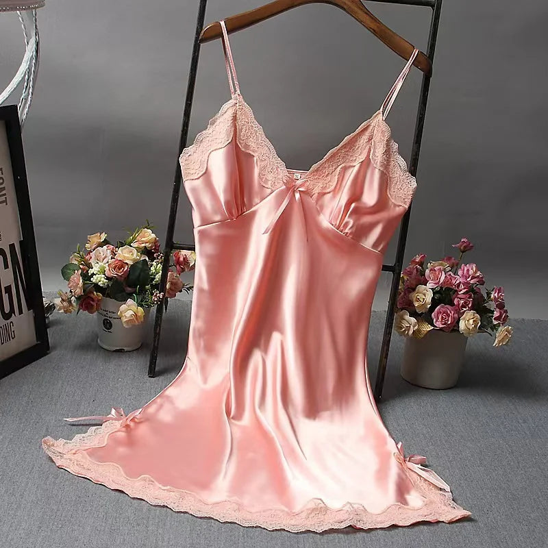 Women Satin Nightdress Lace Trim Slip Dress Spaghetti Strap Silky Nightgown Elegant Sleepwear Home Lingerie