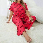 Plus Size 3XL 4XL 5XL Sleepwear Women's Heart Letters Print Pajamas Set Casual Short-Sleeve Top and Pants Loungewear
