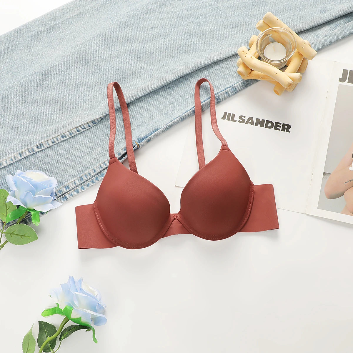 Solid color gathering steel ring anti sagging smooth and simple women's adjustable summer thin bra push up bra Lingerie U017
