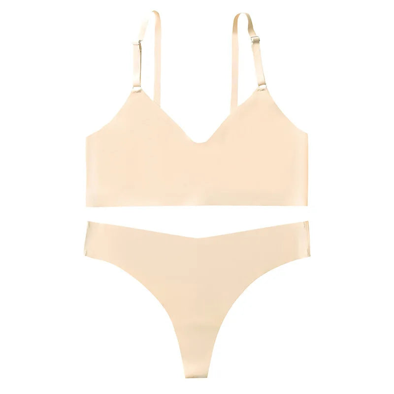 Cotton Female Underwear Set Short skin care kits Ribbed Brassiere Sexy Thong Low Waist Panties Women Seamless Bra Lingerie Set