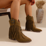 Women Ankle Boots AutumnSuede Chelsea Boots Pointed Toe Tassel High Heel Shoe Rivet Fashion Retro Cowboy Boots Botas Mujer