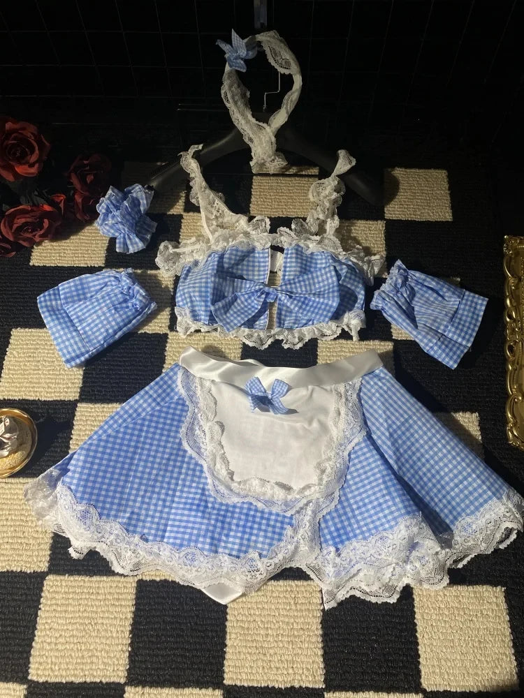 Women Maid Costume Outfit Black White Ruffle Sleeveless Suspender Dress with Apron for Halloween Cosplay Themed Party Role Play