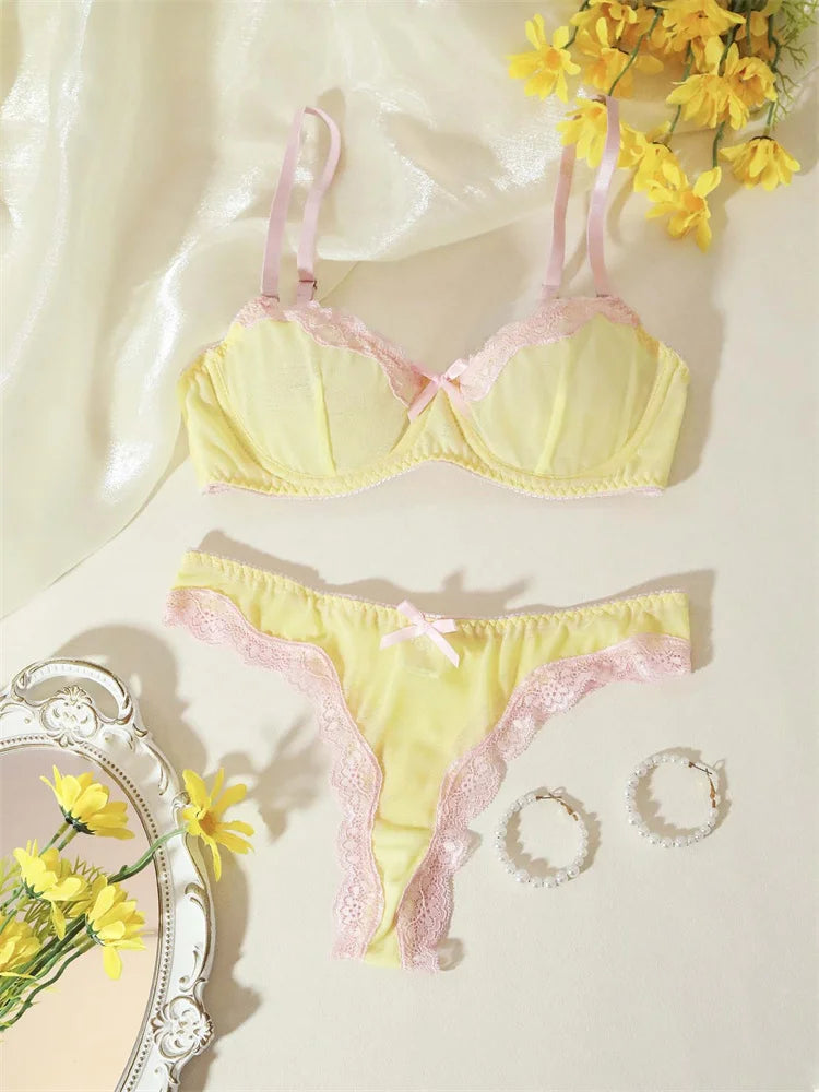 Female Sweet Mesh Lingerie Set Pink Lace Trim Bra and Panty Set Intimate 2 Pieces Women Underwear Cute Bow Sexy Boudoir Lingerie