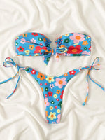 Sexy Bandeau Bikini 2025 Women Pink Floral Print Ring Circle Push Up Micro Swimsuit Off Shoulder Bathing Suit Thong Swimwear