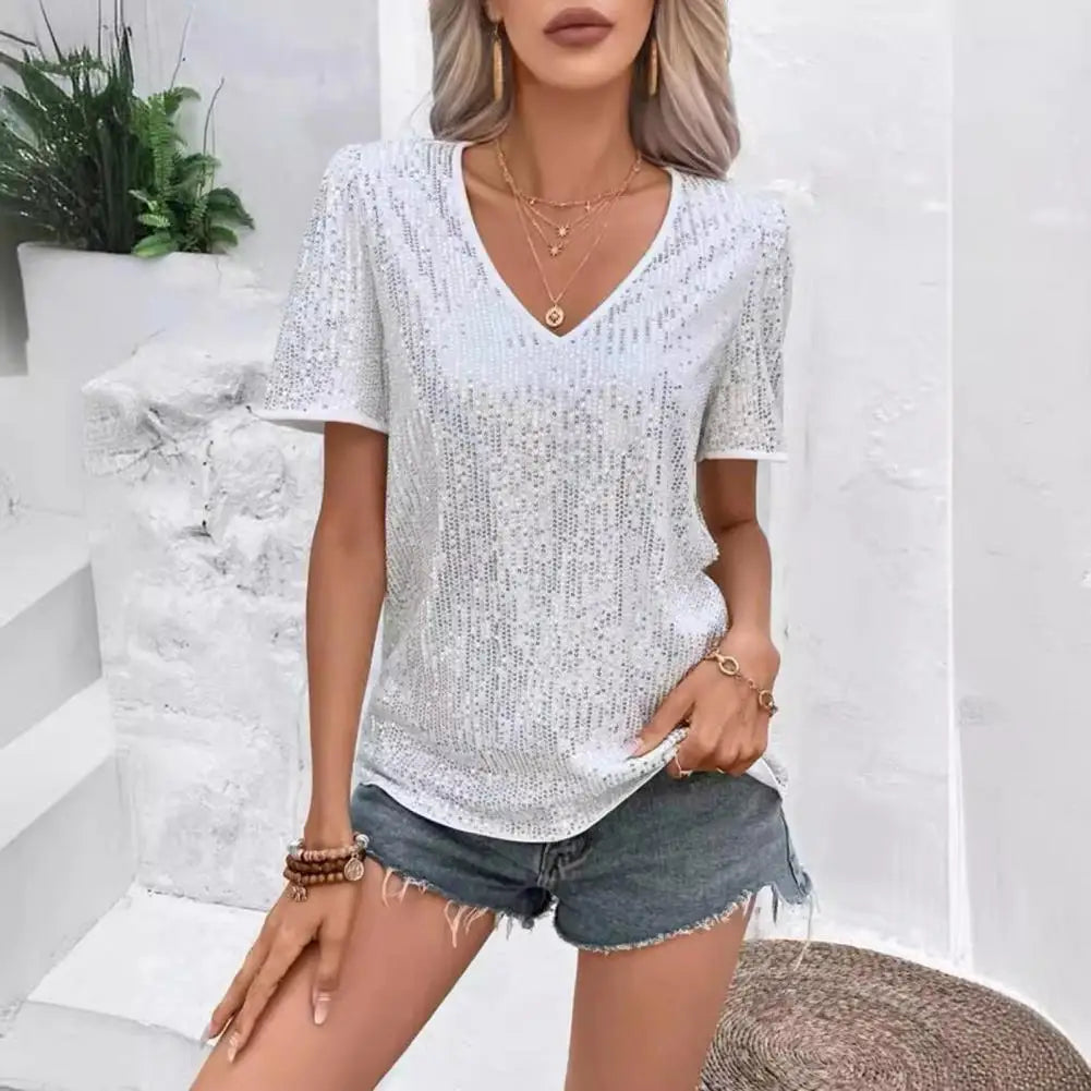 Shiny Sequins Tee Shirt Women T-shirt V-Neck Short Sleeve Loose Fit Summer Sexy Tops Holidays Parties Wear