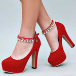 2026 Big Size 33-43 Classic Black Office Lady Beading Ankle Strap Platform Pumps Elegant Red 12cm Party High Heels Shoes Women