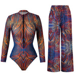 Slimming Mesh Swimsuit One Piece with Long Sleeves Sexy Bathing Suit Featuring Skirt & Long Pants Bodysuit for Smart Beach Wear