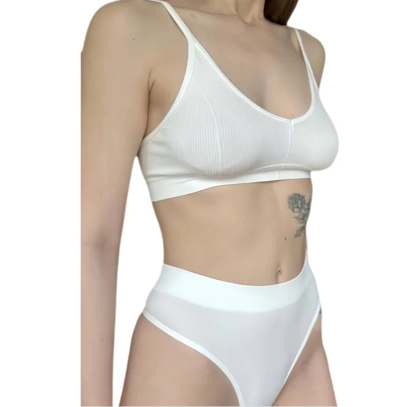 Women Ribbed Bra And Panties Set Seamless Underwear Top Women's V-Neck No Pad Lingerie Adjustable Straps Wire Free Bralette M-L